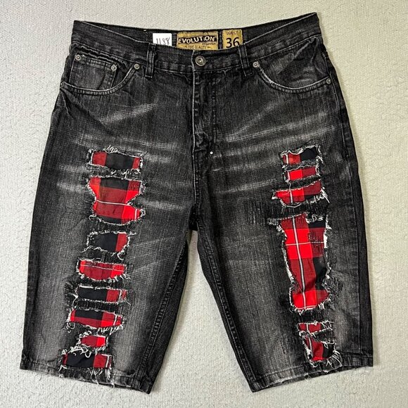Evolution Mens Distressed Shorts Men Sz 36 Red Plaid Destroyed Patchwork Design - Picture 1 of 8